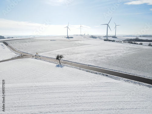 Aerial view of a landscape with snow in winter