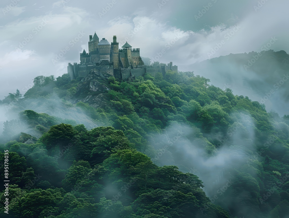 A distant view of an ancient castle perched atop a hill, shrouded in mist and surrounded by lush greenery. A distant view of an ancient castle perched atop a hill, shrouded in mist and surrounded by lush greenery.