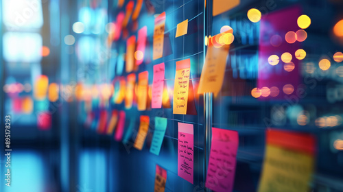 Colorful sticky notes on a glass wall with soft bokeh lights.