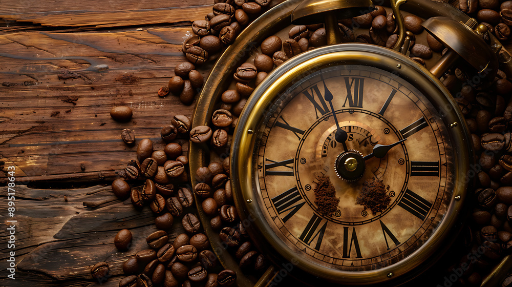 Steampunk Wall Clock Brass Accents Classic Coffee Beans Vintage Decor ,copyspace Steampunk Wall Clock Brass Accents Classic Coffee Beans Vintage Decor ,copyspace