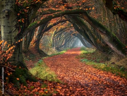 A forest path covered in autumn leaves with trees forming a natural archway. photo