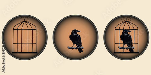 Bird trapped in a cage.
Vector illustration. thaumatrope.