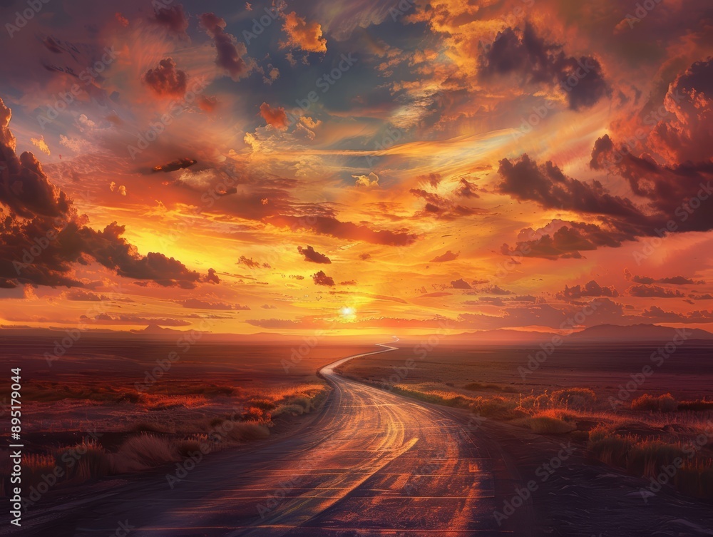 A long winding road through a desert landscape, endless horizon, and dramatic sunset skies. A long winding road through a desert landscape, endless horizon, and dramatic sunset skies.