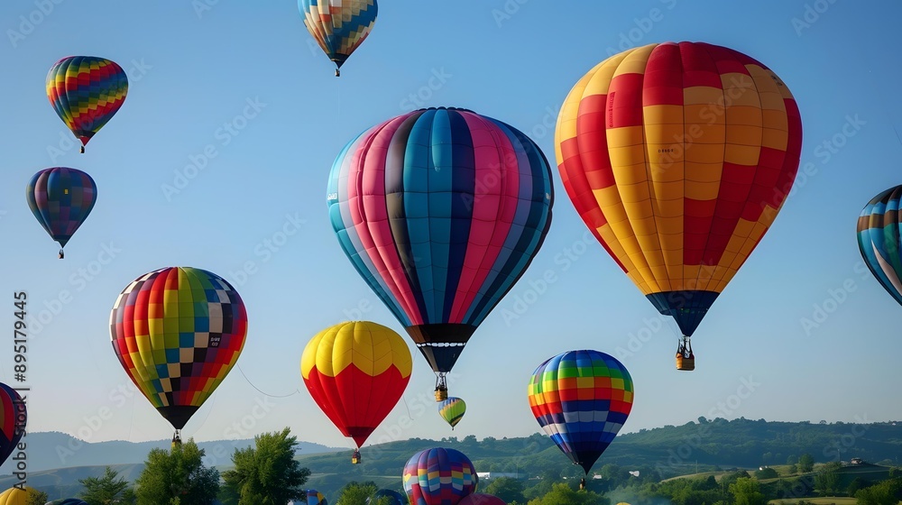 Obraz premium Colorful Hot Air Balloons Flying Over Green Hills