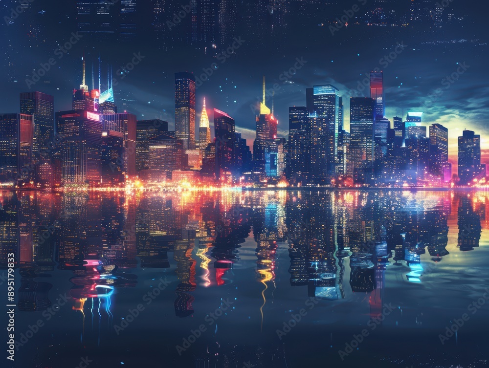 A panoramic view of a city skyline at night, illuminated with colorful neon lights reflecting on a calm body of water. A panoramic view of a city skyline at night, illuminated with colorful neon lights reflecting on a calm body of water.