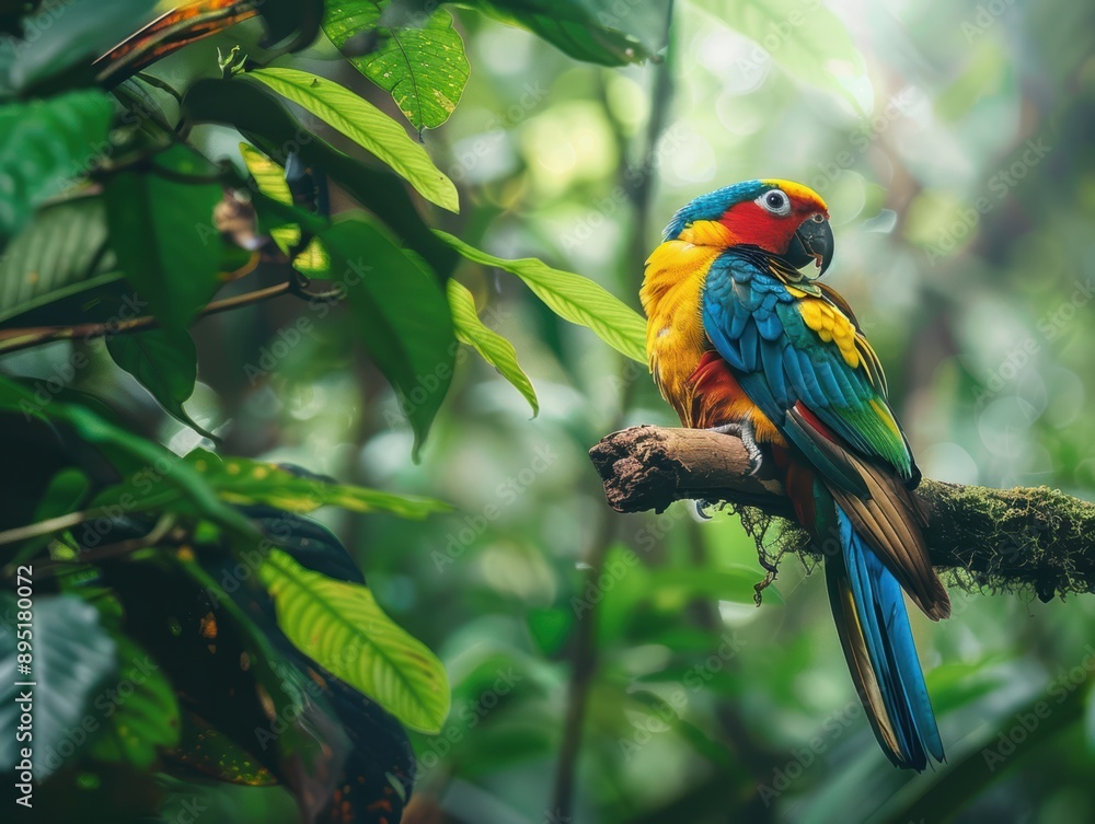 Obraz premium A rare bird perched on a tree branch in a dense forest, showcasing vibrant plumage and natural beauty.