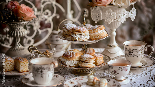 Wallpaper Mural Victorian Lace Screen Classic Tea Set Traditional Scones Elegant Tea Party ,empty space Torontodigital.ca