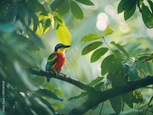 A rare bird perched on a tree branch in a dense forest, showcasing vibrant plumage and natural beauty. photo