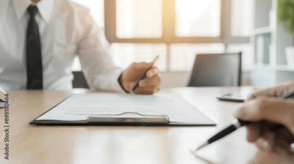 Close-up of business people discussing documents during a meeting at a modern office setting with sunlight illuminating the workspace. Close-up of business people discussing documents during a meeting at a modern office setting with sunlight illuminating the workspace.