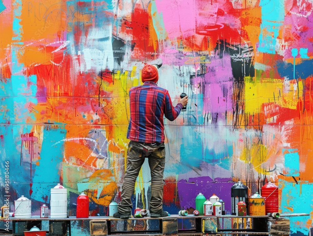 A street artist creating a vibrant mural on a city wall, surrounded by colorful spray paint cans. A street artist creating a vibrant mural on a city wall, surrounded by colorful spray paint cans.