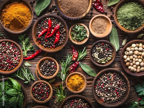 A top view of various spices and herbs arranged in a rustic style on a wooden table, showcasing vibrant colors and textures. photo