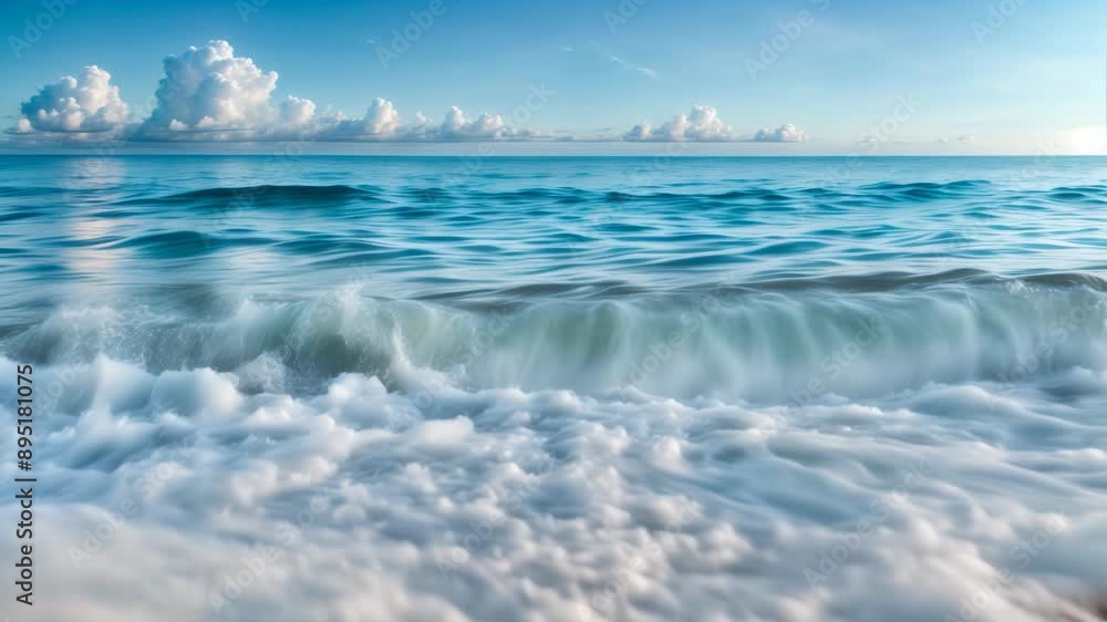 White waves and foam on a sandy beach shore White waves and foam on a sandy beach shore