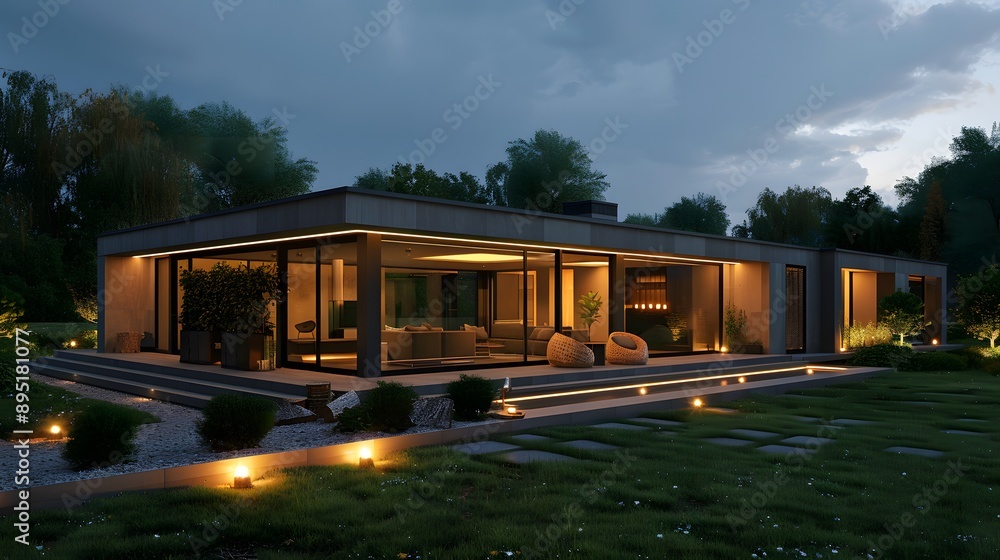 Modern house with large windows and lights. Modern house with large windows and lights.