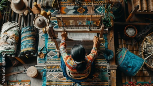 A traditional weaver working on an old-fashioned loom, creating a colorful textile with intricate patterns. photo