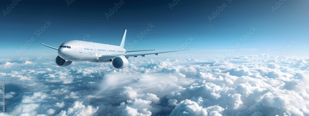 White passenger airplane flying in the blue sky above clouds. White passenger airplane flying in the blue sky above clouds.
