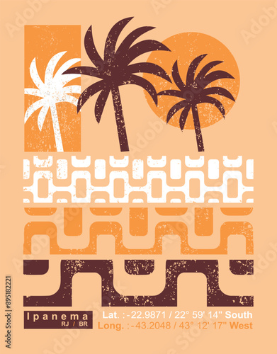 Illustration in graphic style of composition of coconut trees and graphic representation of the sidewalk on Ipanema beach, Rio de Janeiro, Brazil.