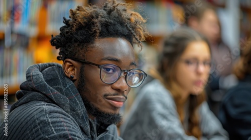 A young man, wearing glasses and a hoodie, offers a focused expression while sitting in a library filled with books, suggesting a studious atmosphere.