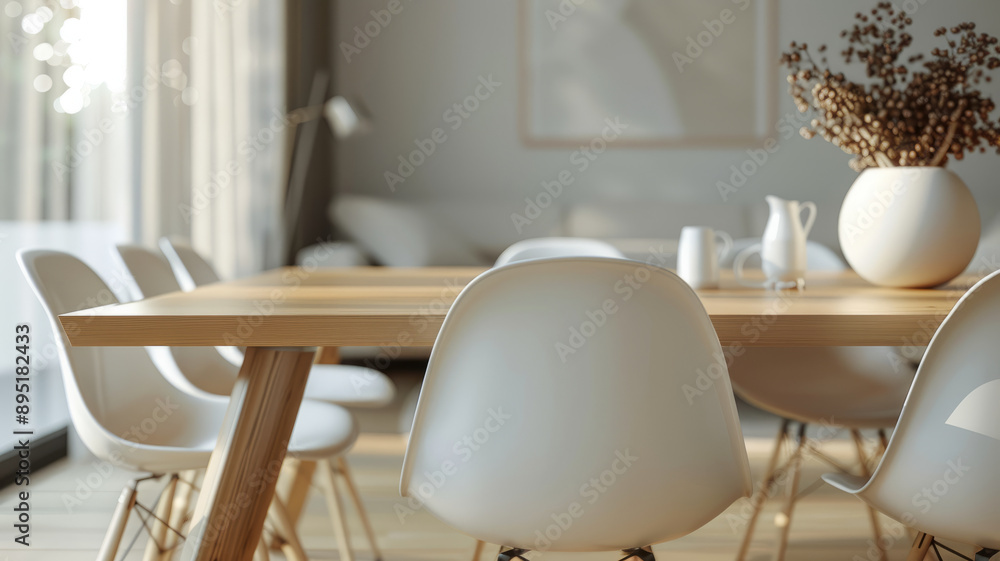 Obraz premium Chic modern dining room with minimalist furniture and natural light.