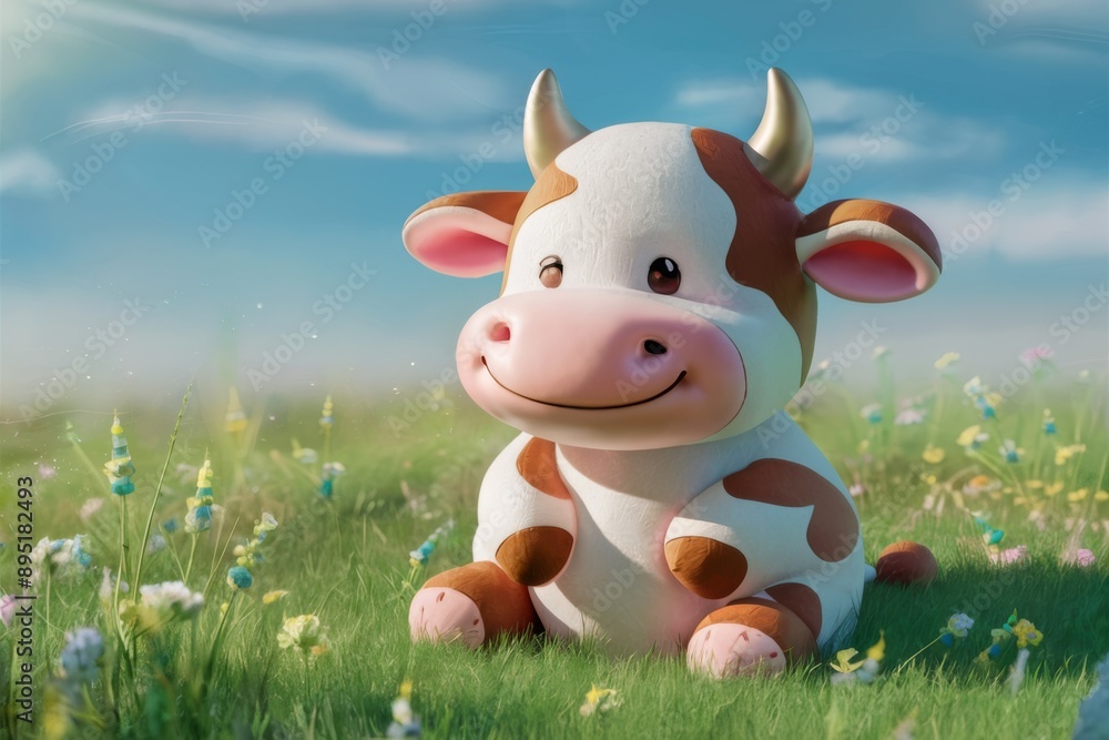 Cute Cartoon Baby Cow in a Sunny Flower Field, Springtime, Nature, Animal image for children Design Cute Cartoon Baby Cow in a Sunny Flower Field, Springtime, Nature, Animal image for children Design