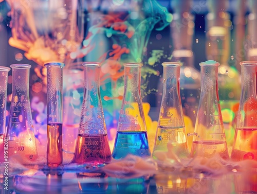 Colorful chemical reactions in test tubes and flasks in a laboratory. photo