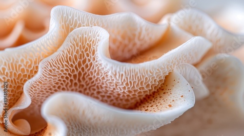 This image presents a finely detailed close-up of a delicate organic structure, showcasing intricate patterns and soft hues, suggestive of natural formations. photo