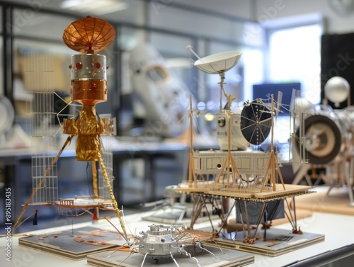 Model space probes and satellites in a clean high-tech laboratory. photo