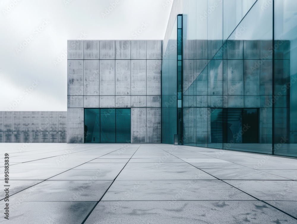 Fototapeta premium The sleek geometric facade of a modernist building with glass walls.