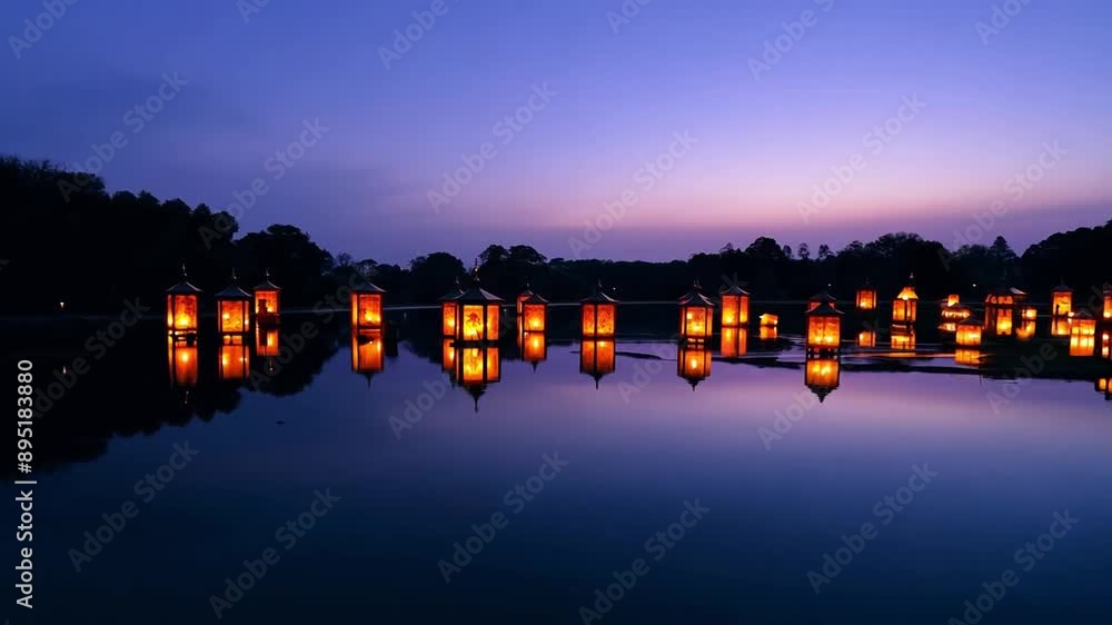 Floating Lanterns on Tranquil Lake at Twilight - evening, water, reflection, serene, peaceful, lights, night Floating Lanterns on Tranquil Lake at Twilight - evening, water, reflection, serene, peaceful, lights, night