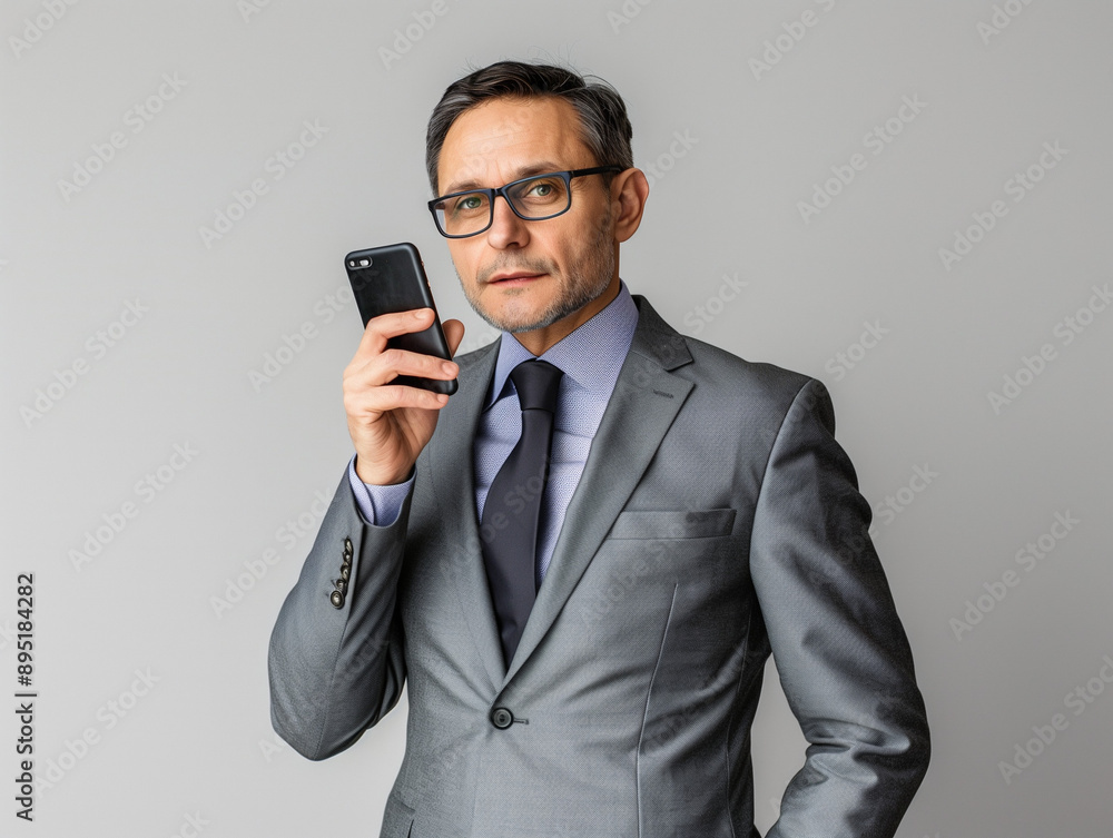 Homme de 50 ou 40 ans, en costume gris cravate, barbe, lunettes, regarde en souriant son smartphone, fond blanc, personnage pour publicité, site web, démo d'application ou de logiciel, tech et IT B2B Homme de 50 ou 40 ans, en costume gris cravate, barbe, lunettes, regarde en souriant son smartphone, fond blanc, personnage pour publicité, site web, démo d'application ou de logiciel, tech et IT B2B