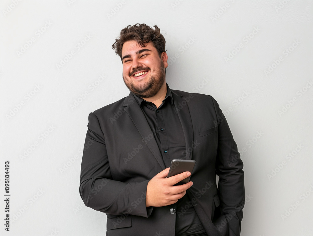 Homme brun de 30 ans, en costume noir, barbe, obèse, regarde en souriant son smartphone, fond blanc, personnage pour publicité, site web, démo d'application ou de logiciel, tech et IT B2B Homme brun de 30 ans, en costume noir, barbe, obèse, regarde en souriant son smartphone, fond blanc, personnage pour publicité, site web, démo d'application ou de logiciel, tech et IT B2B