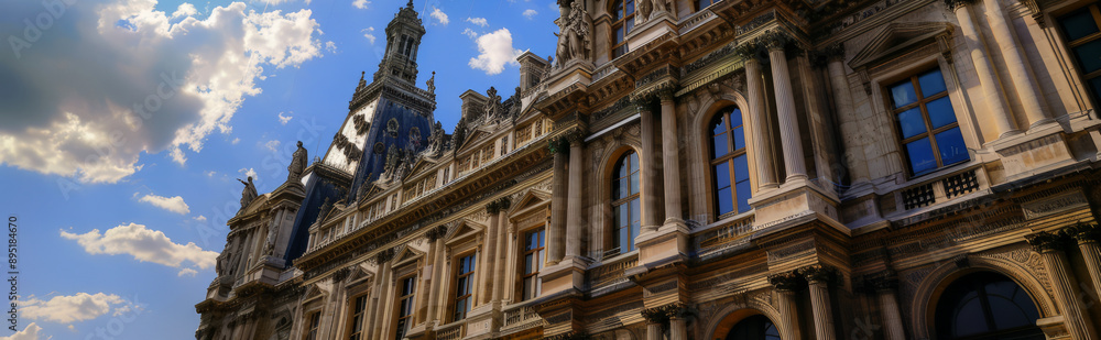 Olympic rings in front of the Haussmannian building with statues, Paris city hall, sunny day, Olympic rings in front of the Haussmannian building with statues, Paris city hall, sunny day,