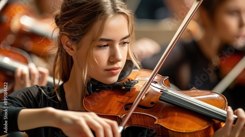 A focused young violinist immersed in playing her instrument, contributing passionately to an orchestra, capturing the intensity and dedication of musical performance.