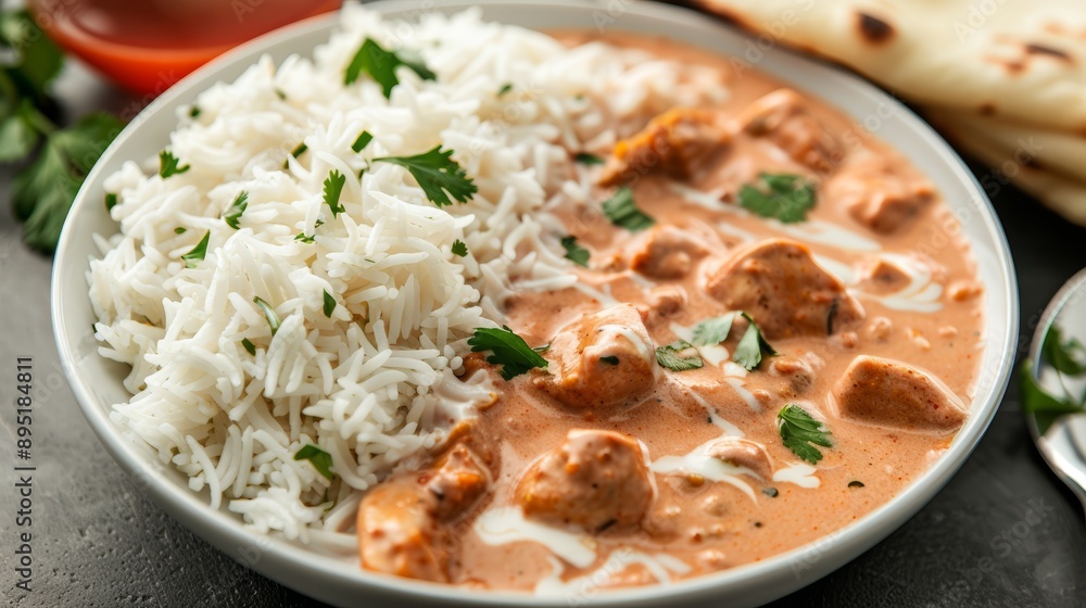 Delicious creamy chicken curry served with fluffy rice and fresh herbs, perfect for a hearty meal or culinary photography. Delicious creamy chicken curry served with fluffy rice and fresh herbs, perfect for a hearty meal or culinary photography.