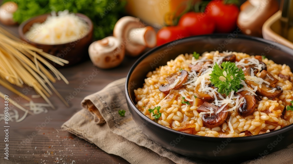 Delicious creamy risotto with mushrooms topped with cheese, perfect for cooking enthusiasts and food lovers. Delicious creamy risotto with mushrooms topped with cheese, perfect for cooking enthusiasts and food lovers.