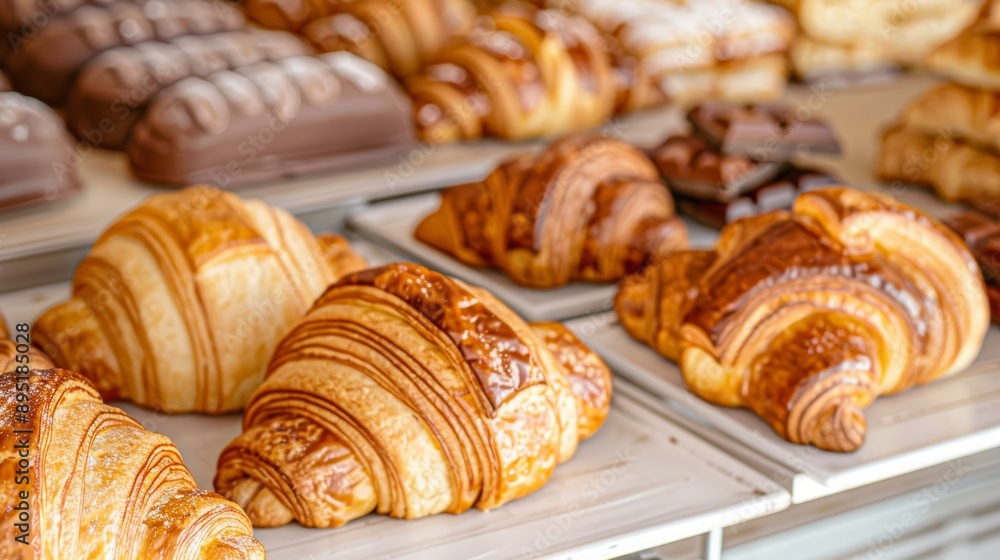 Delicious golden croissants displayed in a bakery, showcasing their flaky texture and appetizing appearance. Delicious golden croissants displayed in a bakery, showcasing their flaky texture and appetizing appearance.