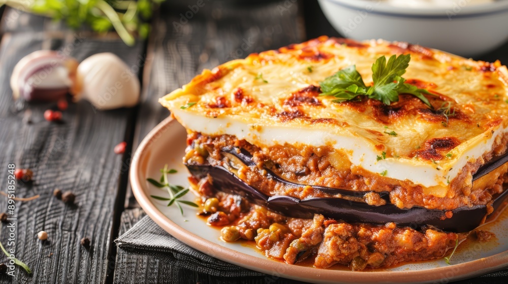 Delicious homemade lasagna on a rustic wooden table, featuring layers of pasta, meat, and cheese, garnished with fresh herbs. Delicious homemade lasagna on a rustic wooden table, featuring layers of pasta, meat, and cheese, garnished with fresh herbs.