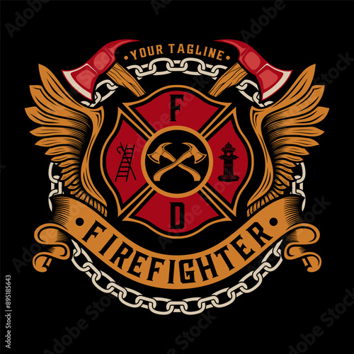 Firefighters logo. axe hose fire hydrant, emblem vintage style