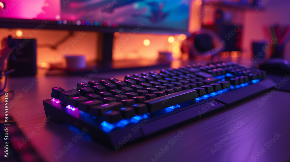 gaming keyboard with backlight sits on a table in a gaming room A close up view shows the keyboard with neon lights and a computer game setup visible in the blurred background gaming keyboard with backlight sits on a table in a gaming room A close up view shows the keyboard with neon lights and a computer game setup visible in the blurred background