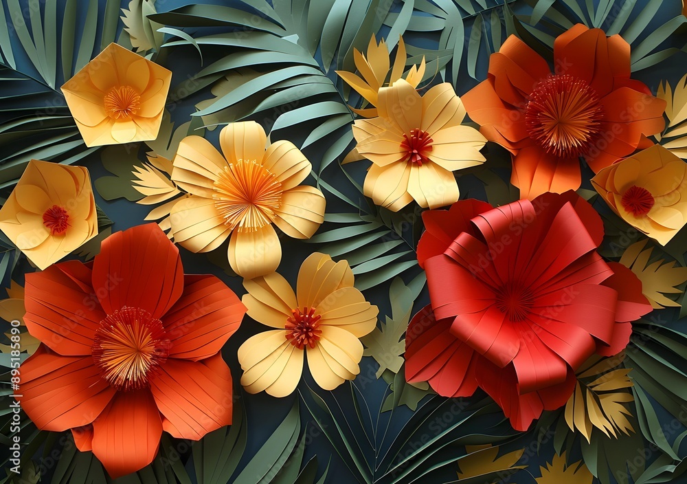 3D paper flowers of red orange yellow and green colors 3D paper flowers of red orange yellow and green colors