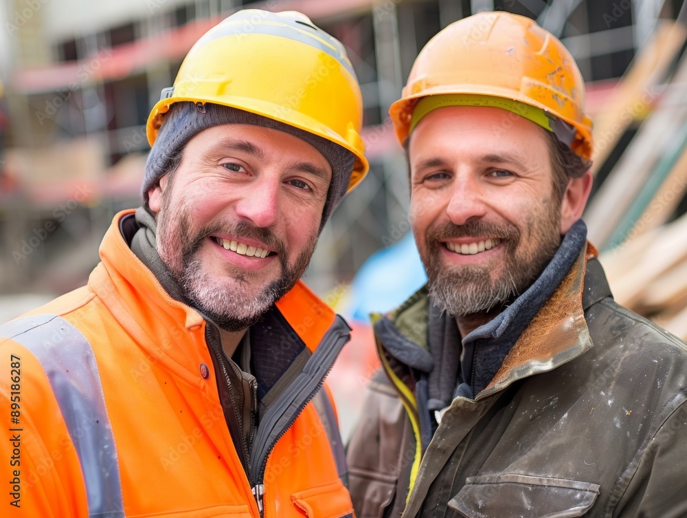 Portrait of happy building contractor and worker at construction site looking at camera Portrait of happy building contractor and worker at construction site looking at camera