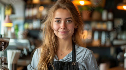 smiling waitress at cafe , smiling female waitress serving at restaurant