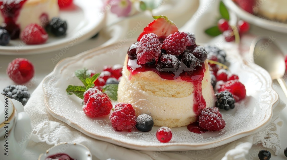 Scone with jam and Panna cotta with berries displayed on the table Scone with jam and Panna cotta with berries displayed on the table