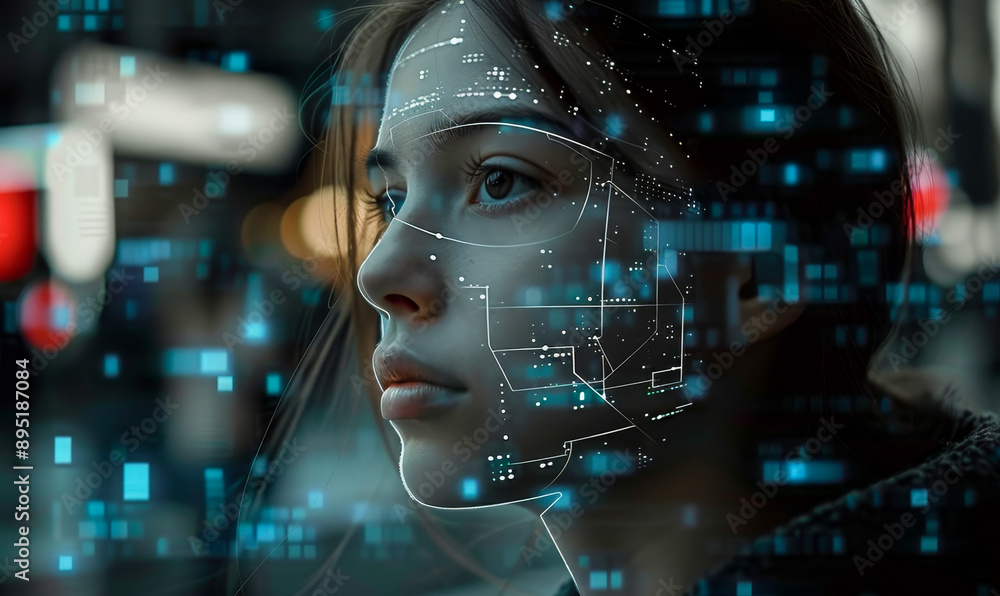 Facial Recognition AI Technology: Girl's Face with Digital Interface Overlay in Urban Night Setting Facial Recognition AI Technology: Girl's Face with Digital Interface Overlay in Urban Night Setting
