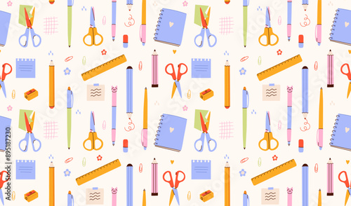 Stationery seamless pattern.School tools, supplies backdrop.Bright Office Supplies fabric.Various pencils,pens,scissors ect in a modern trendy style.Children's subjects.Vector illustration EPS10.