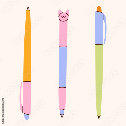 Ballpoint Pen Icons set. Variety of pens.School stationery tools vector set.Colorful tools for writing and drawing. Design templates trendy modern style. Hand drawn Vector illustration EPS10