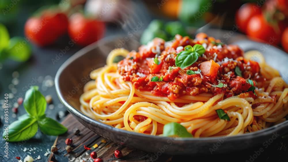 Pasta Spaghetti Bolognese in gray plate on wooden background. Bolognese sauce is classic italian cuisine dish. Popular italian food. Top view, with steam Pasta Spaghetti Bolognese in gray plate on wooden background. Bolognese sauce is classic italian cuisine dish. Popular italian food. Top view, with steam