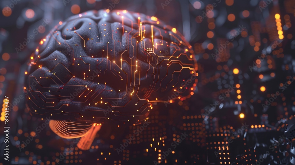 An imaginative portrayal of a human brain merged with sophisticated neural networks and digital circuitry An imaginative portrayal of a human brain merged with sophisticated neural networks and digital circuitry