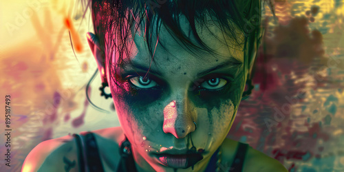 Defiant Expression: A punk girl stares boldly into the camera, her face a canvas of rebellion.