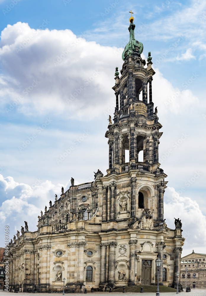 Obraz premium Facade of Dresden Cathedral, or the Cathedral of the Holy Trinity, Catholic Church of the Royal Court of Saxony, called in German Katholische Hofkirche, is the Catholic Cathedral of Dresden
