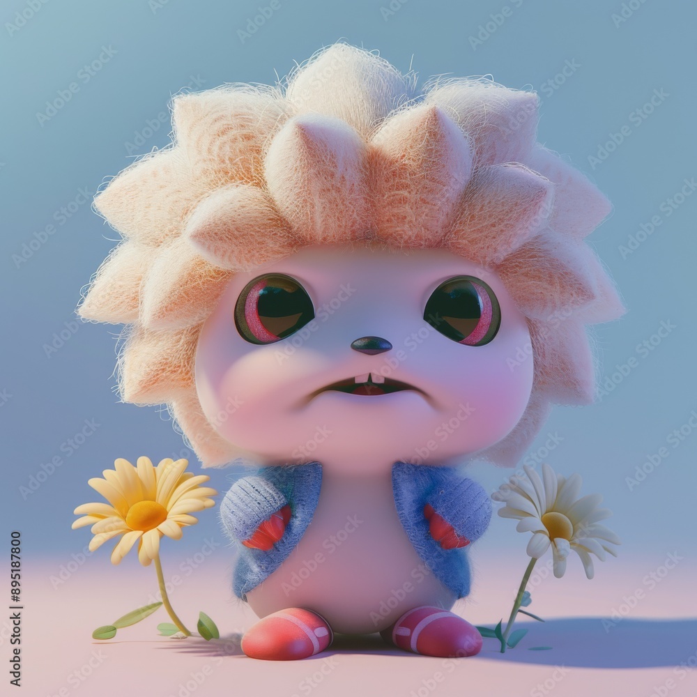 Obraz premium Adorable Fluffy Cartoon Hedgehog with Daisy Flowers in Soft Pastel Background